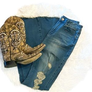 Distressed Denim High Rise Bell Bottoms